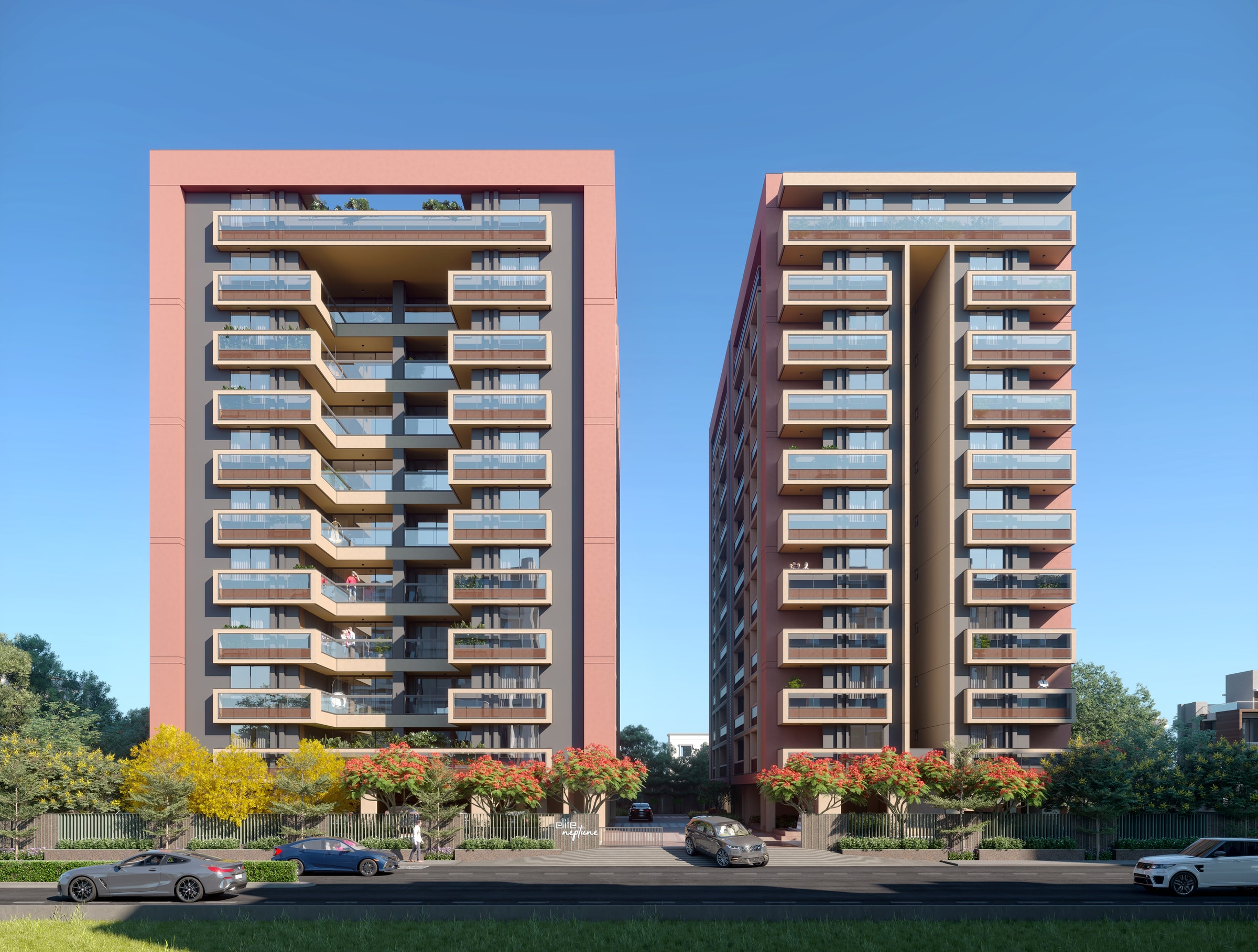 Two residential towers with staggered terracotta balconies rise against clear blue sky above street level landscaping.
