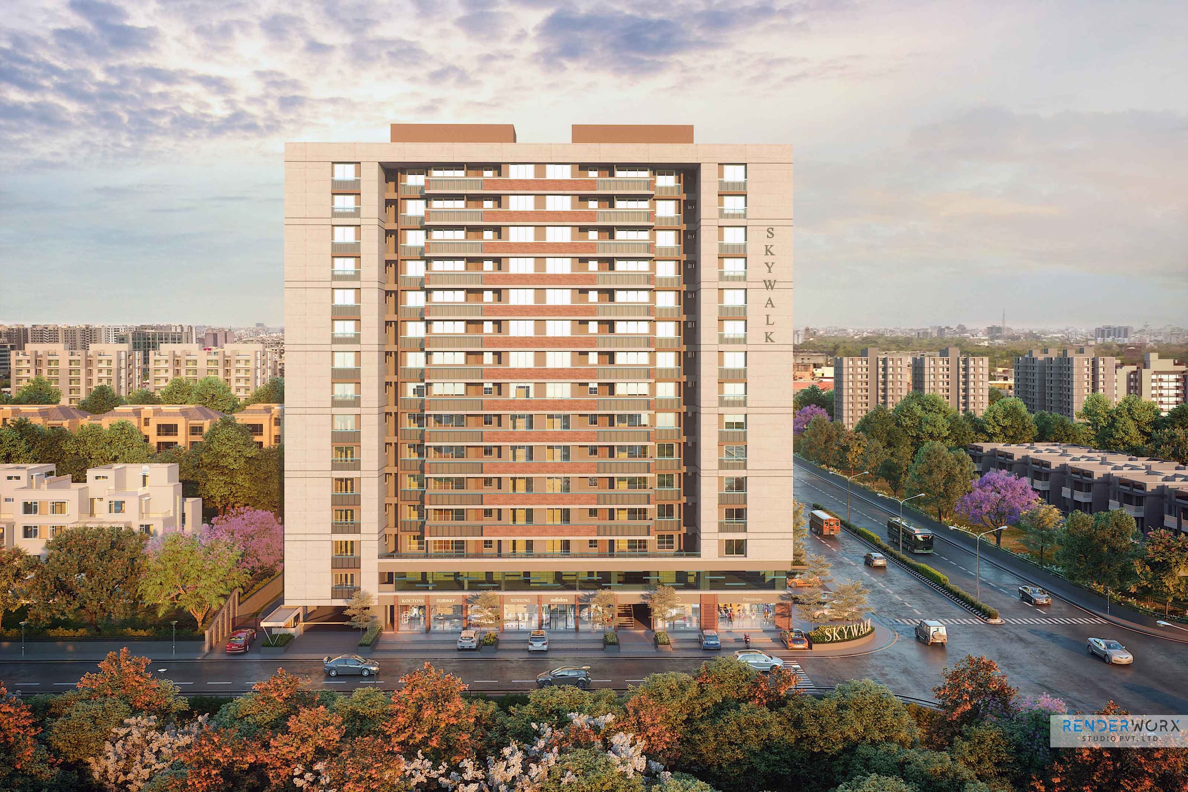 Residential tower with terracotta brick and cream stone facade rises above street-level retail in urban context.